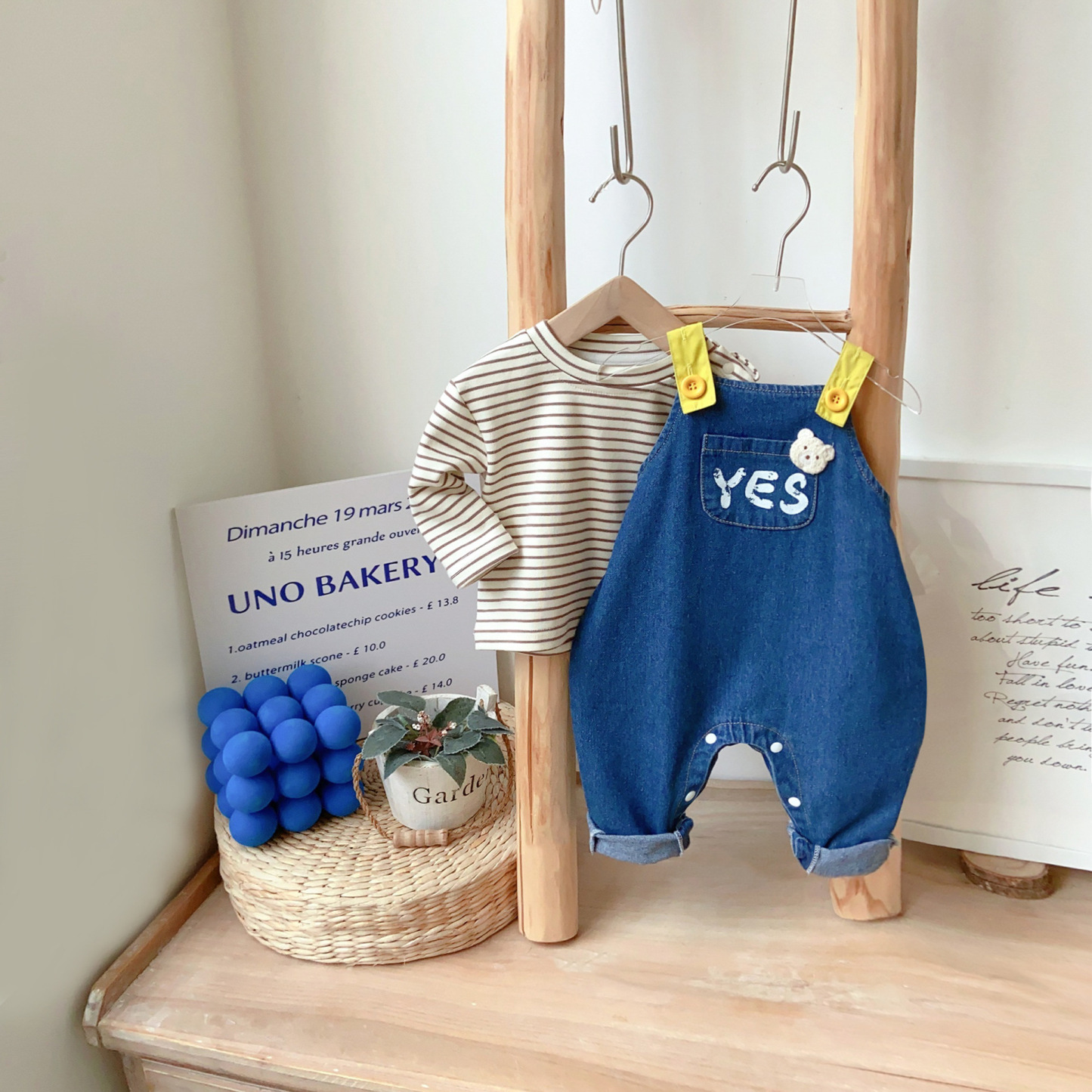 Baby Boy Bear Patch Denim Sling Overalls and Striped T-Shirt Set-kissminis