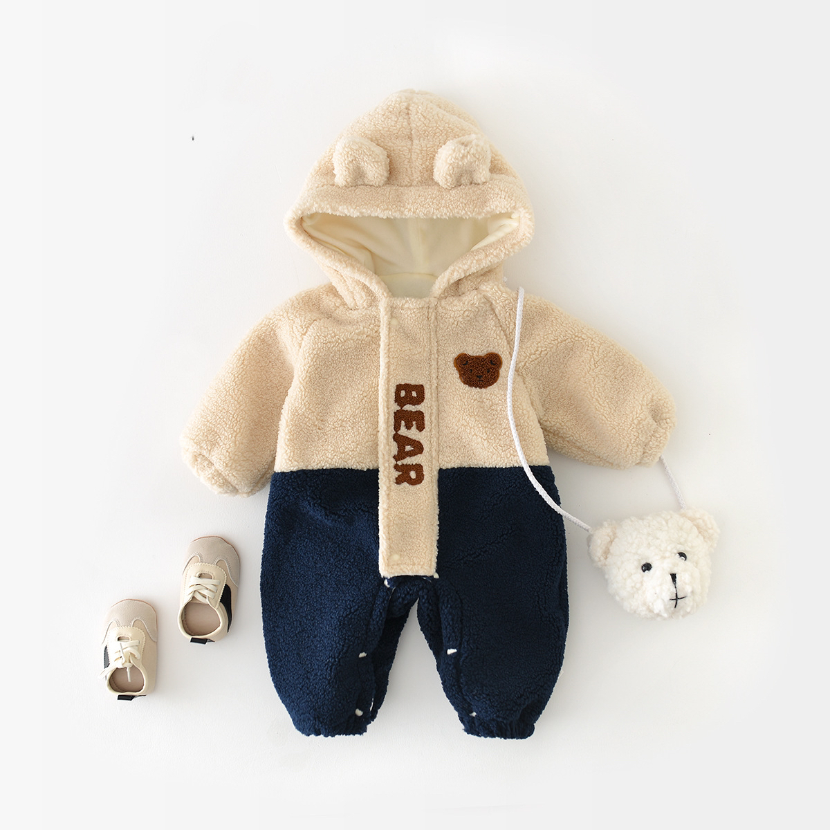 Baby Winter Thicken Warm Bear Ear and Letter Fluffy Long Sleeve Hooded Romper-kissminis