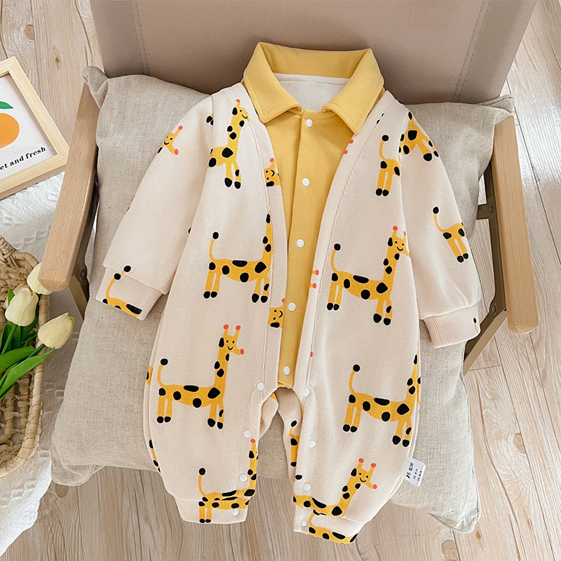 Baby Boy/Girl Allover Cute Giraffes Pattern Fake Two Pieces Long Sleeve Romper-kissminis