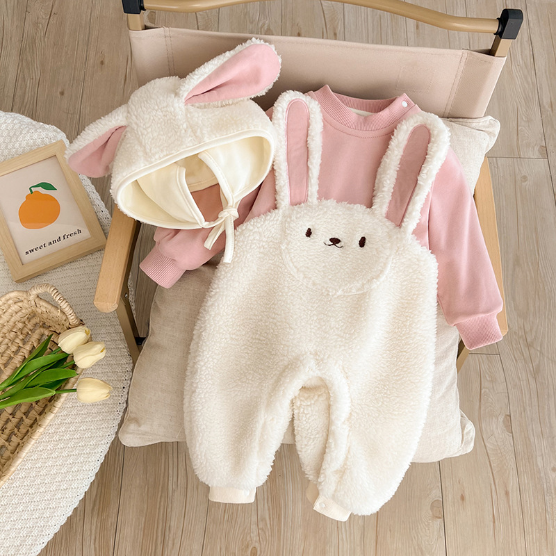 Baby Girl Cute Rabbit Design Solid Color Fluff Long Sleeve Romper and Hat Set-kissminis
