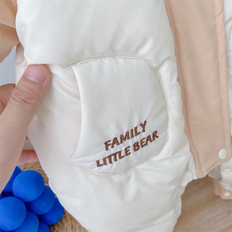 Baby Boy Winter Bear Patch Long Sleeve Hooded Cotton-padded Fluff Romper-kissminis