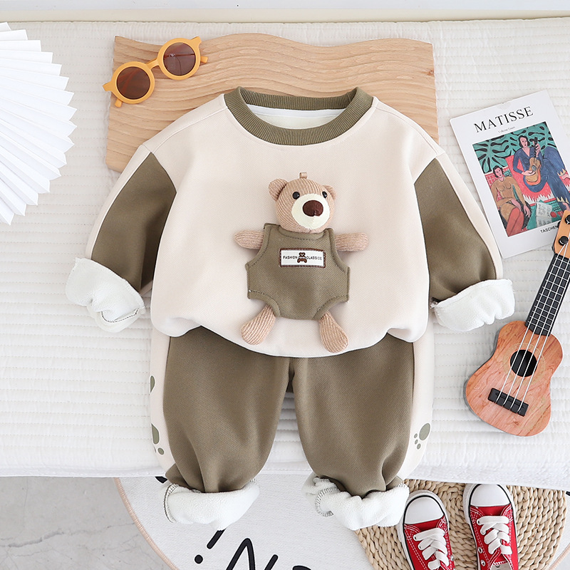 Toddler Boy/Gir Bear Plus Velvet Warm Pullover Two Piece Set-kissminis