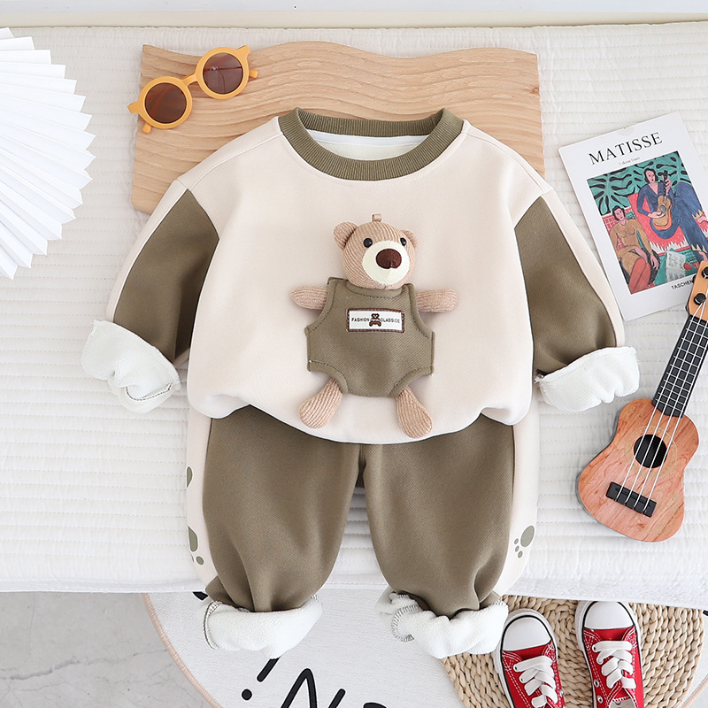 Toddler Boy/Gir Bear Plus Velvet Warm Pullover Two Piece Set-kissminis