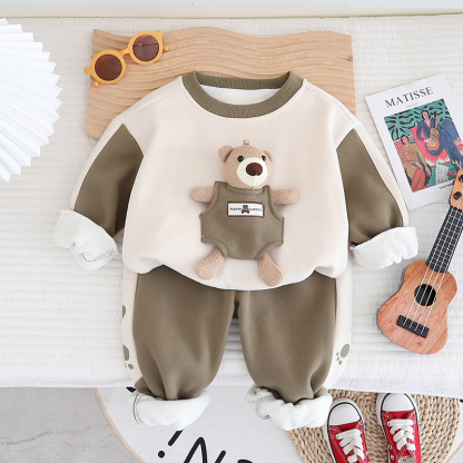 Toddler Boy/Gir Bear Plus Velvet Warm Pullover Two Piece Set-kissminis