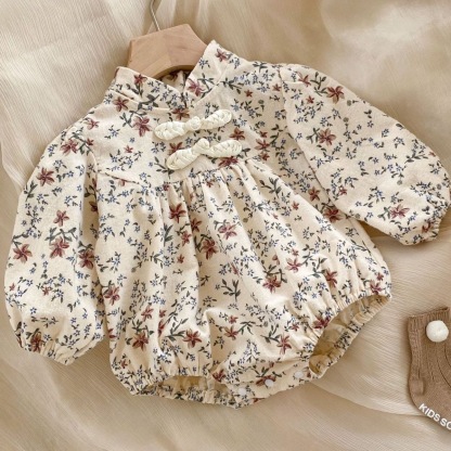 Baby Girl Cheongsam Buckle Overall Floral Puff-sleeve Long Sleeve Simple and Fresh Bodysuit
