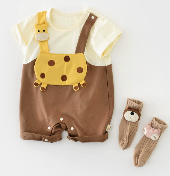 Baby Boy Mock Two-piece Short Sleeve Cartoon Giraffe Romper