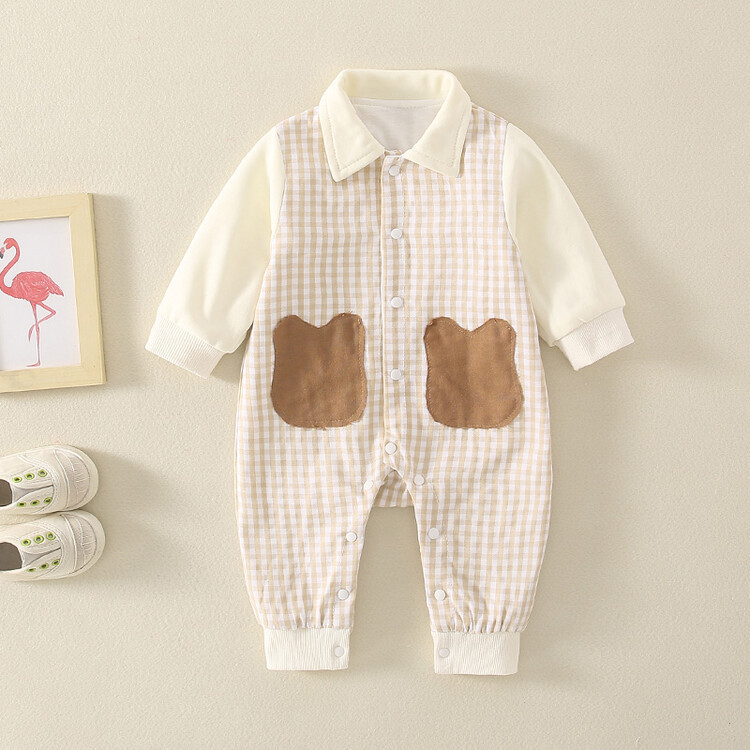 Baby Mock Two-pieces Plaid Collar Single Breasted Long Sleeve Romper-kissminis