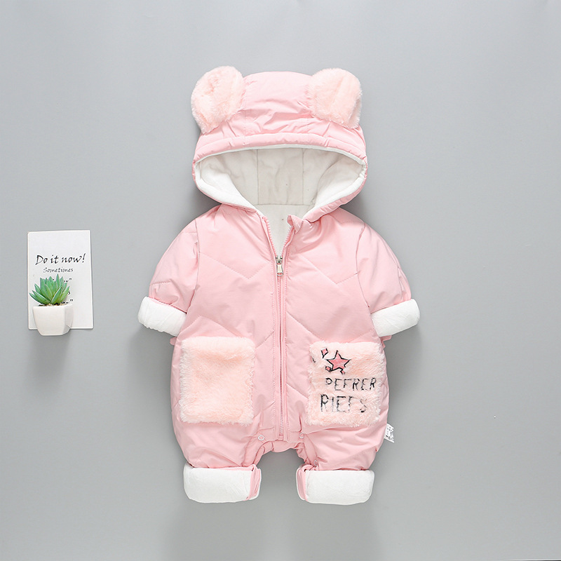 2pcs Baby Boy/Girl Winter Thicken Cartoon Graphic Bear Ear Design Hooded Romper with Shoes Set-kissminis