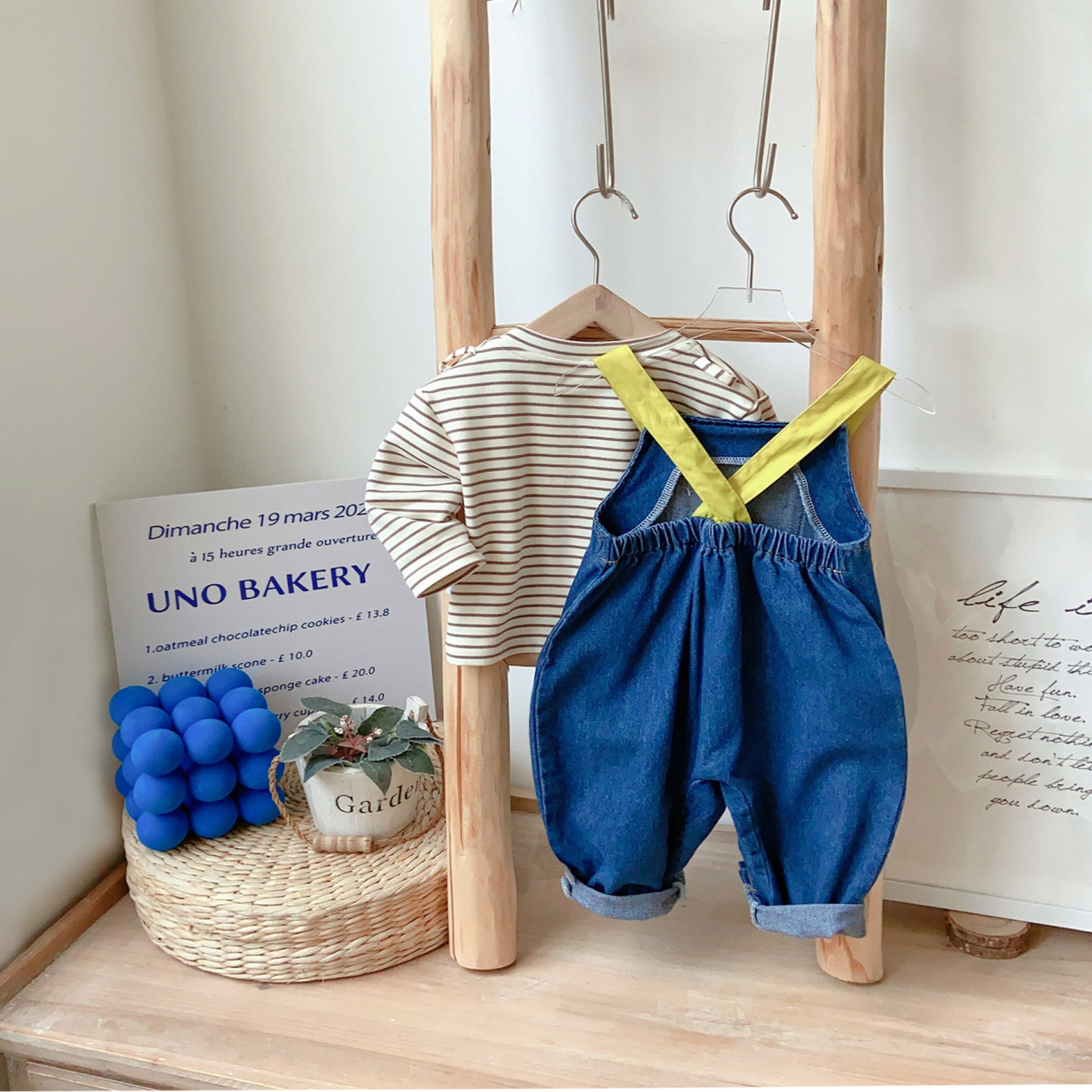 Baby Boy Bear Patch Denim Sling Overalls and Striped T-Shirt Set-kissminis