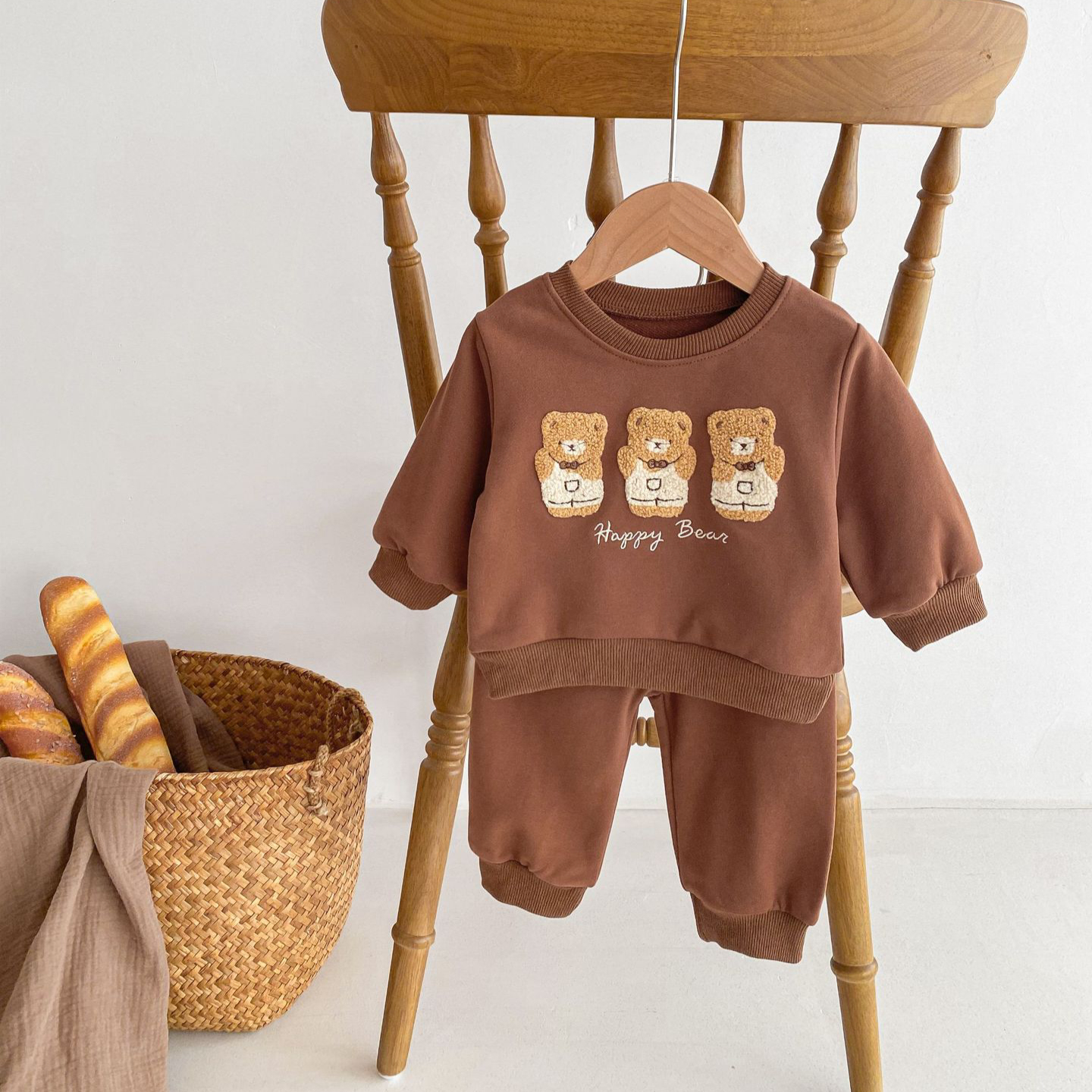 2pcs Baby Boy/Girl Bear Embroidered Long Sleeve Sweatshirt with Pants Set-kissminis