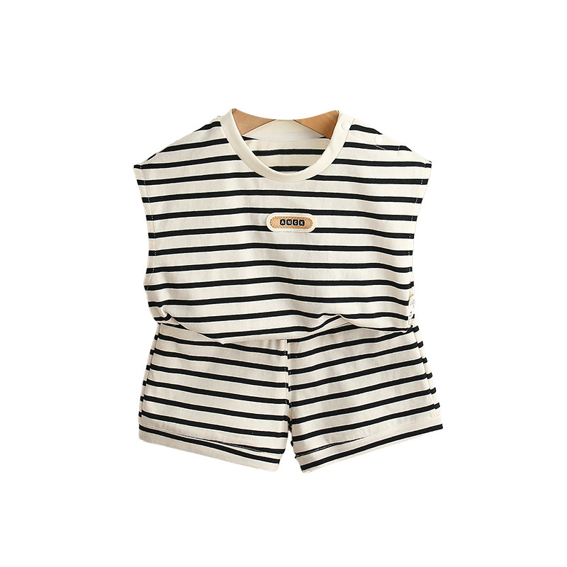 2pcs Black and White Striped Sleeveless Top and Shorts Set
