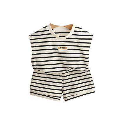 2pcs Black and White Striped Sleeveless Top and Shorts Set
