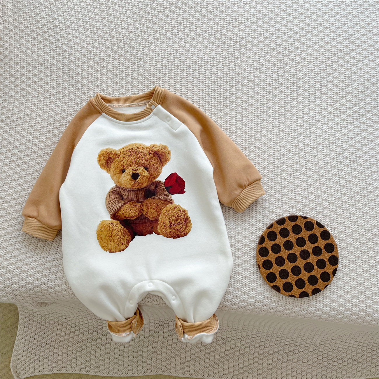 Baby Boy/Girl Cartoon Teddy Bear Print Thicken Long Sleeve Romper-kissminis