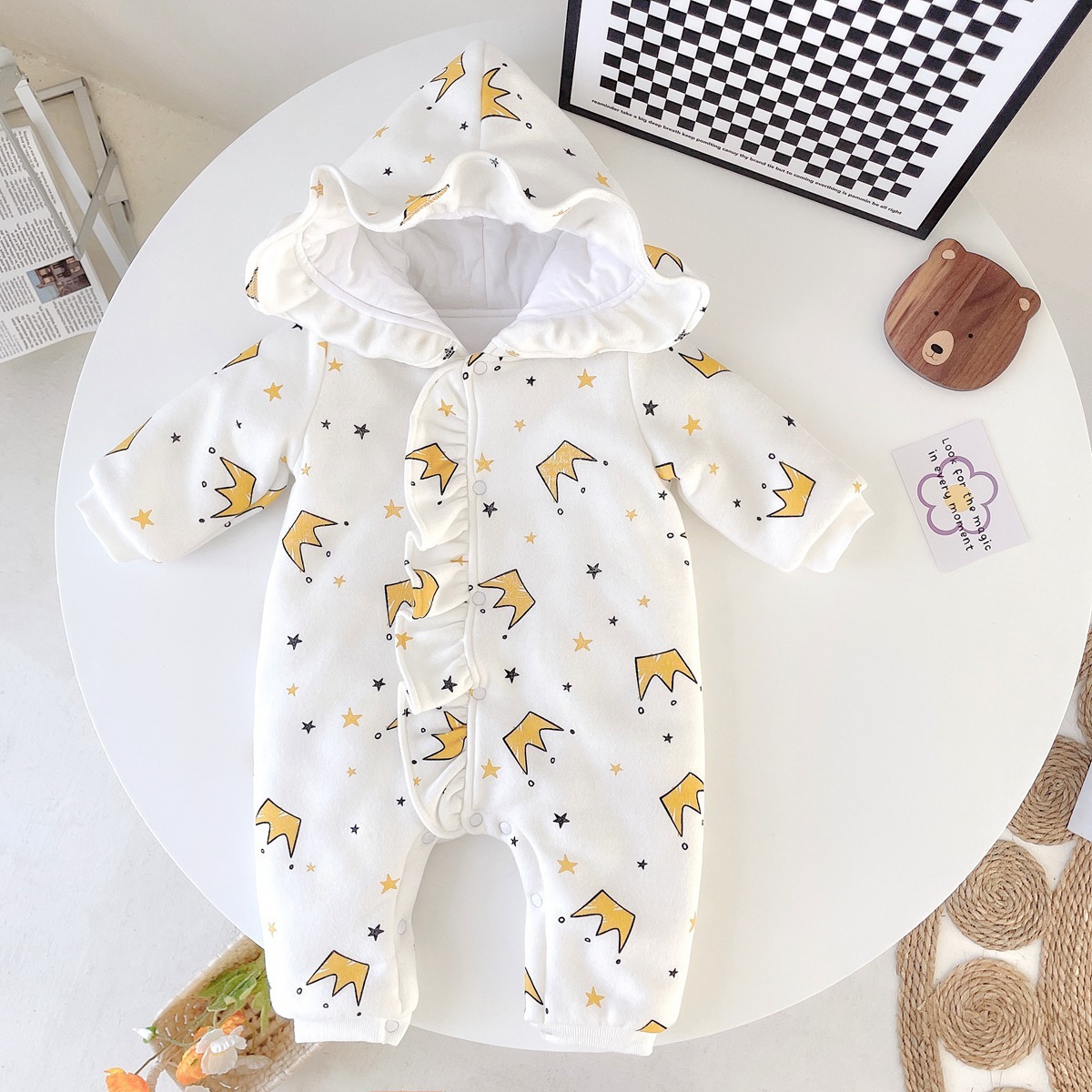 Baby Girl Allover Little Crown and Star Pattern Thicken Long Sleeve Hooded Romper-kissminis