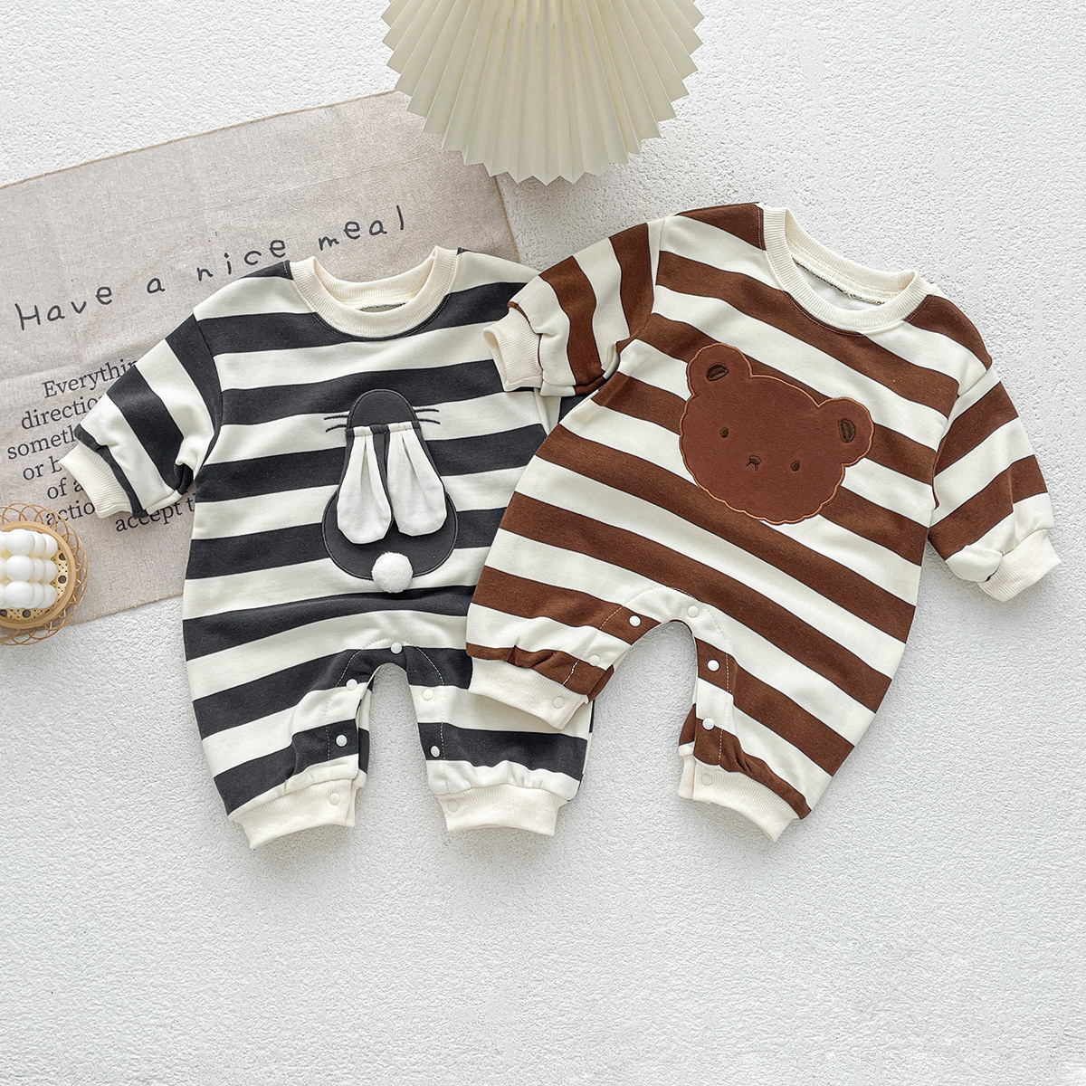 Baby Boy/Girl 95% Cotton Cute Bear Rabbit Graphic Stripe Long Sleeve Romper-kissminis