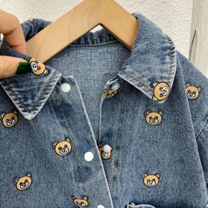 Baby Boy Allover Bear Print Polo Collar Pocket Decor Long Sleeve Botton Up Casual Denim Romper