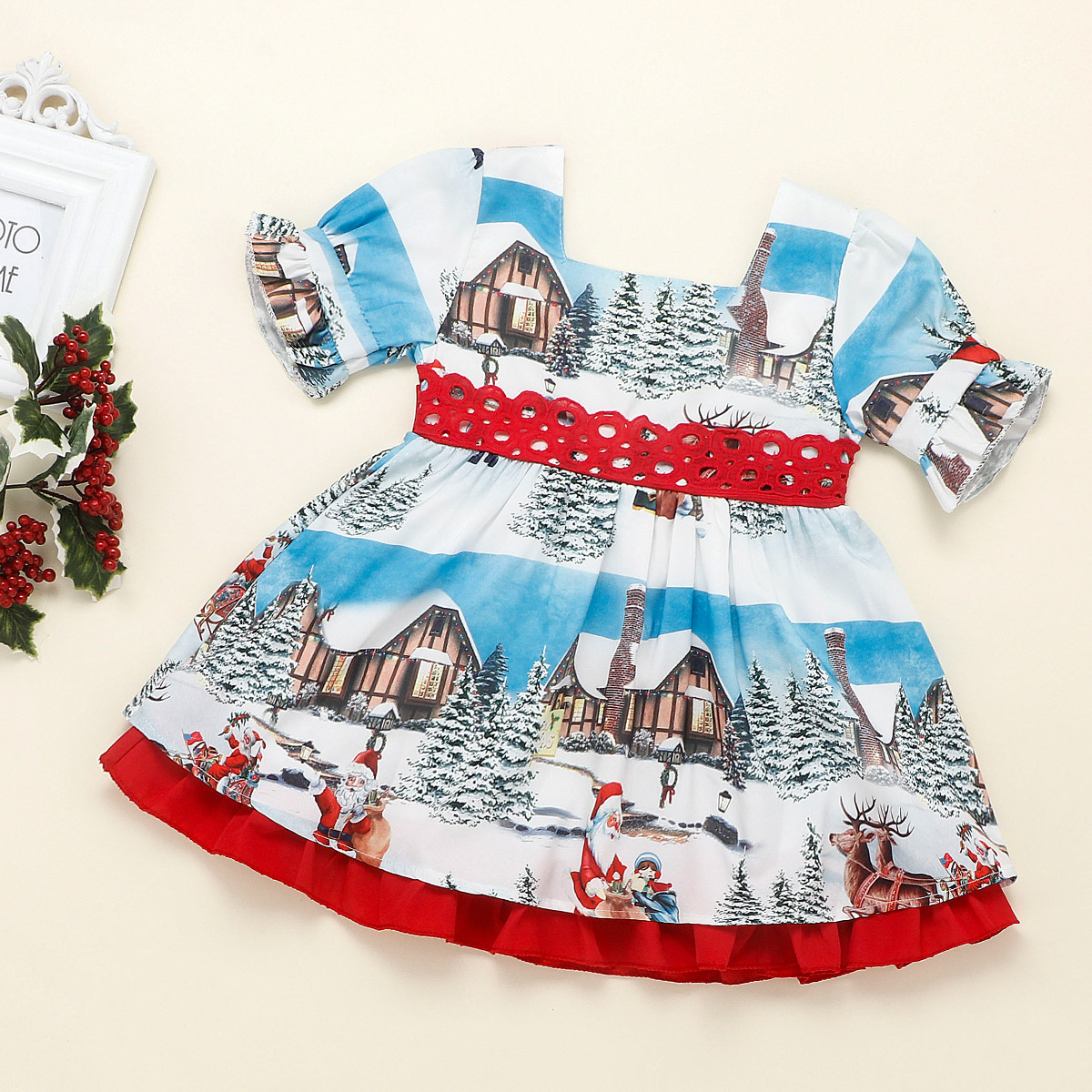 Baby Toddler Girl Christmas Cartoon Print Bowknot Short Sleeve Dress-kissminis