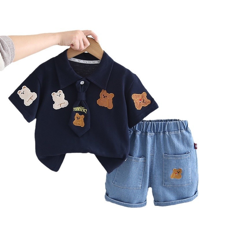 2pcs Bear Embroidery and Tie Detail Denim Shorts Set