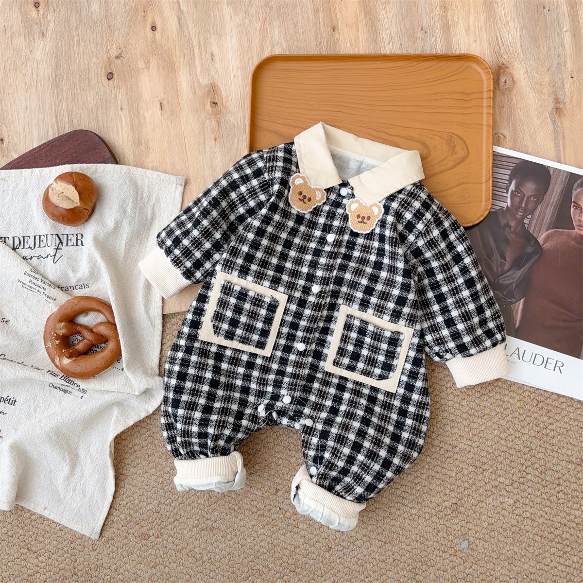 Bear-shaped Collar Decorations Gingham Romper