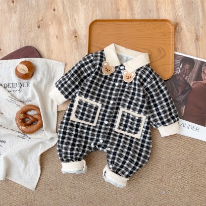 Bear-shaped Collar Decorations Gingham Romper