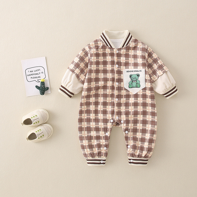 Baby Boy/Girl Gingham Bear Graphic Pocket Patch Long Sleeve Romper-kissminis