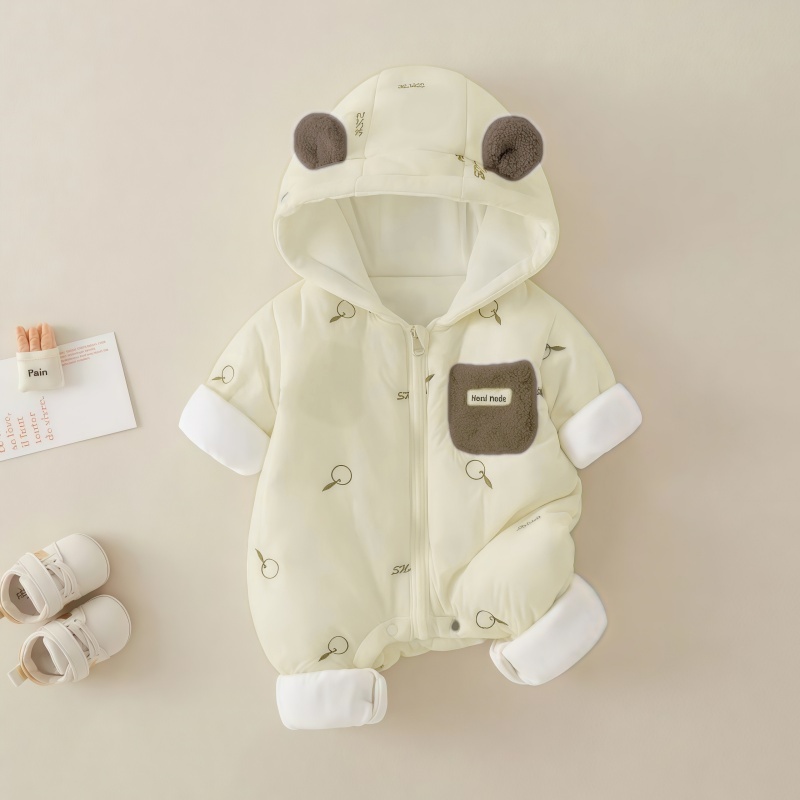 Baby Boy/Girl Winter Allover Apple Pattern and Bear Ears Design Long Sleeve Hooded Romper