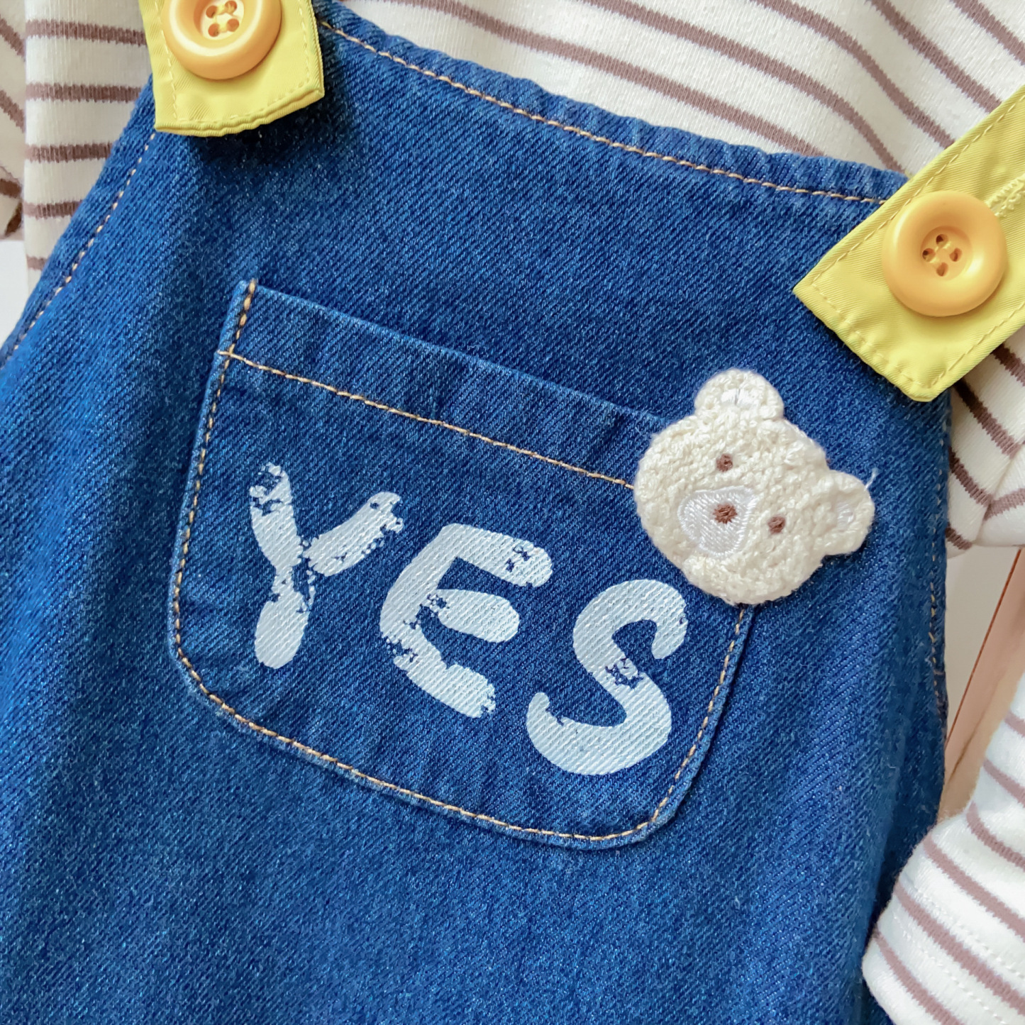 Baby Boy Bear Patch Denim Sling Overalls and Striped T-Shirt Set-kissminis