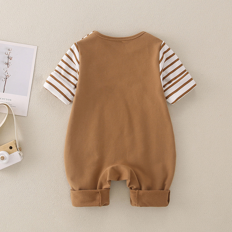 Baby Boy/Girl False Two Piece Bear Embroidery stripe Light Brown Long Sleeve Romper-kissminis