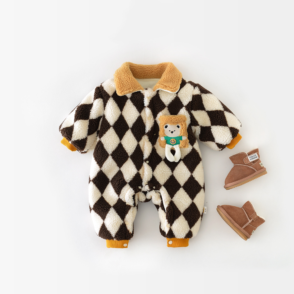 Winter Baby Boy Bear Plaid Graphic Fluff Long Sleeve Romper-kissminis