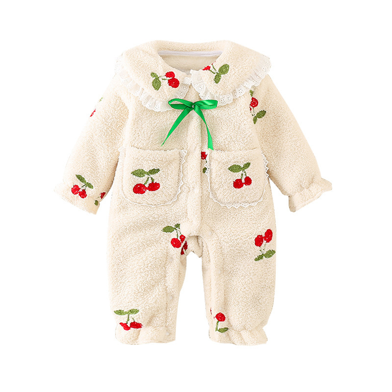 Winter Newborn Baby Boy & Girl Cherry Pattern Fluff Long Sleeve Romper-kissminis