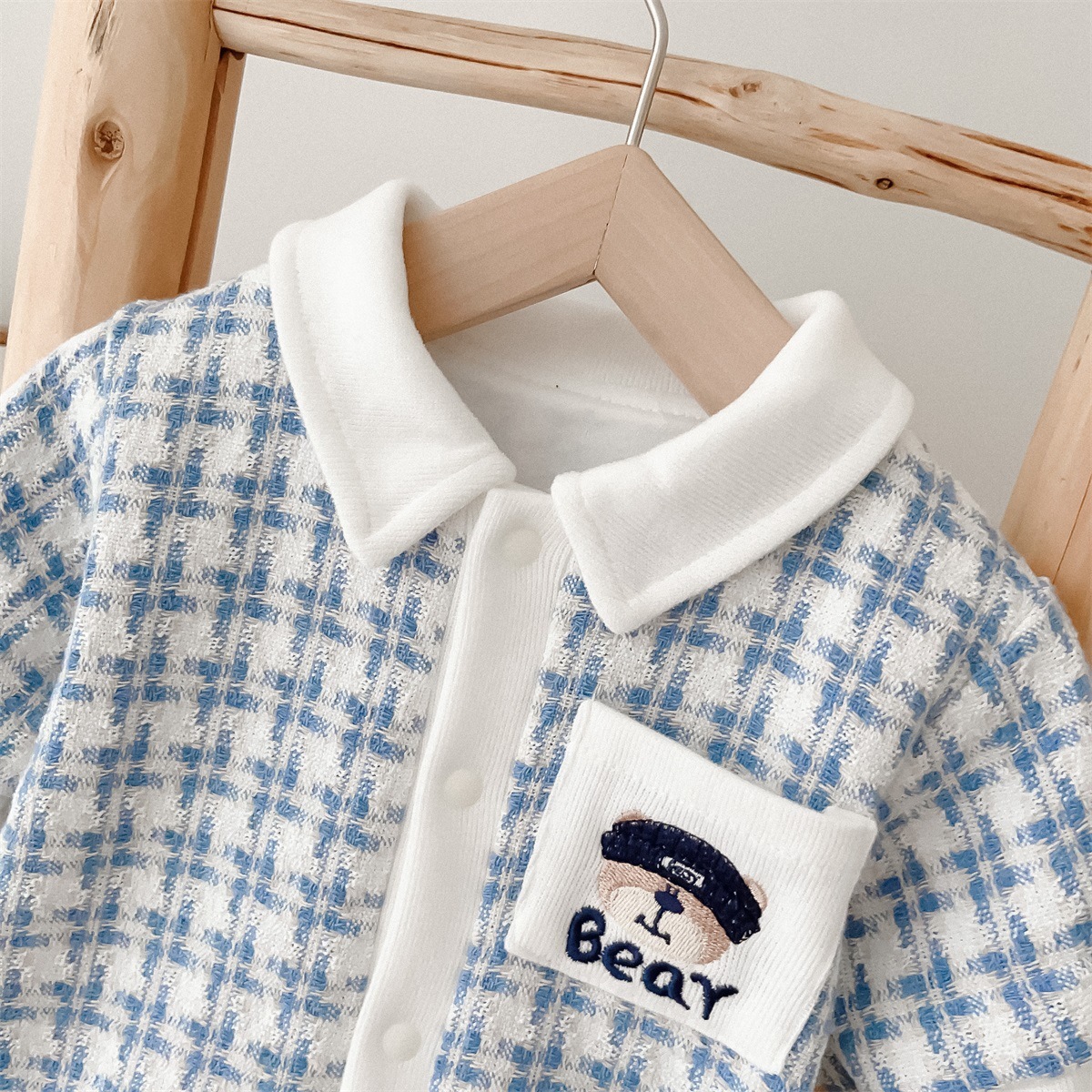 Bear Pocket Emblem Houndstooth Romper