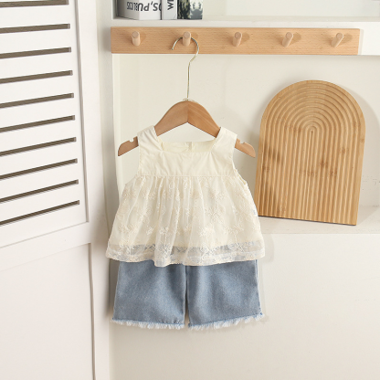 3pcs White Lace - detailed Sleeveless Top and Blue Denim Shorts Set
