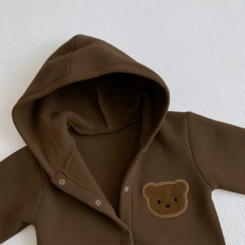 Baby Toddler Boy/Girl Bear Patch Solid Color Long Sleeve Fluff Romper