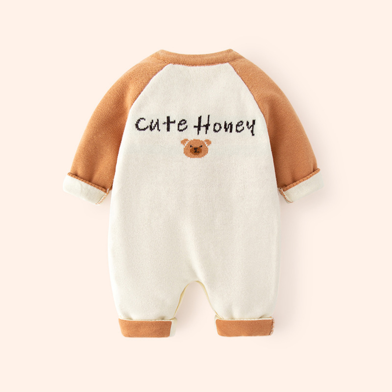 Baby Boy Cute Pocket Bear Design Knitted Long Sleeve Romper-kissminis