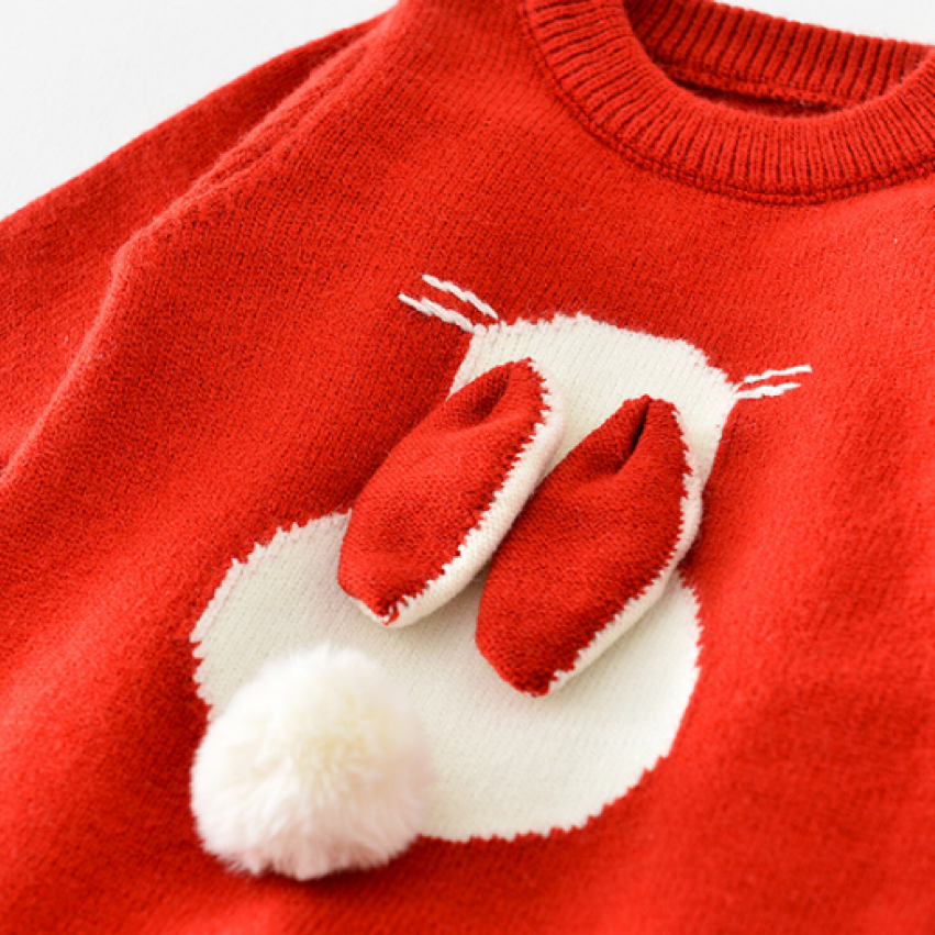 Baby Girl Red 3D Rabbit Design Long Sleeve Knitted Romper-kissminis