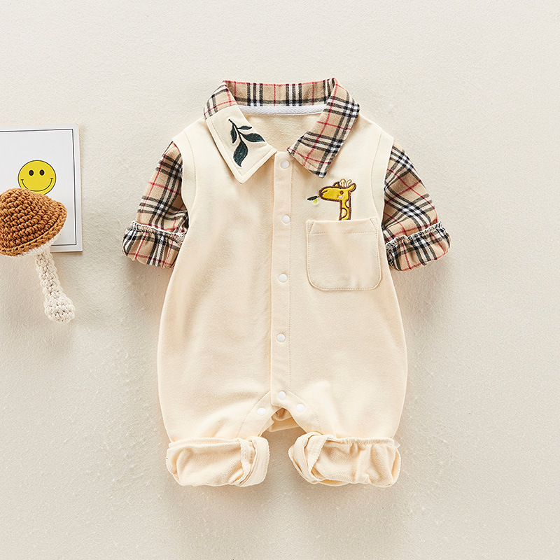Baby Boy/Girl Giraffe Embroidery Plaid Long Sleeve Romper-kissminis