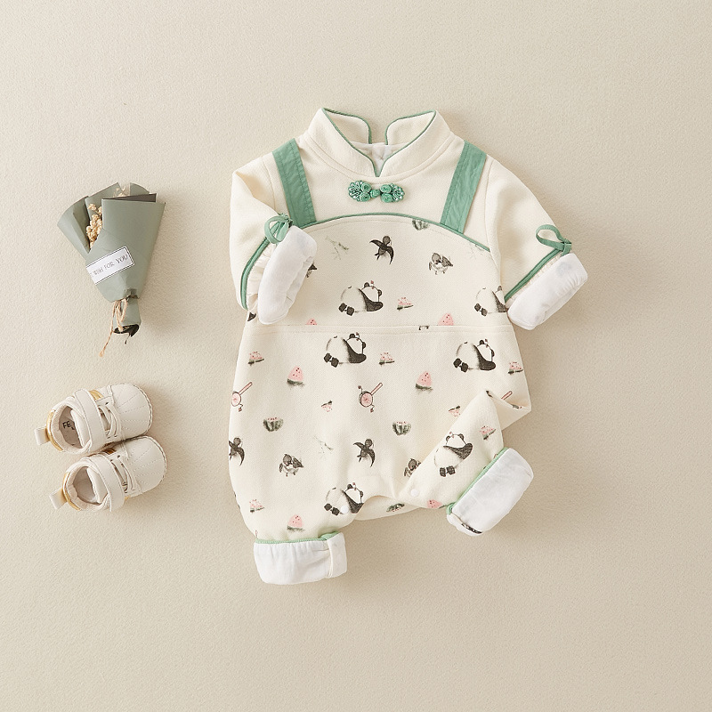 Newborn Baby Girl Allover Panda Pattern Long Sleeve Romper-kissminis