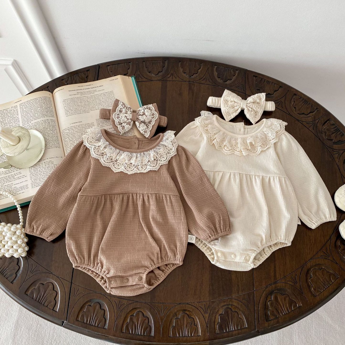Baby Girl Waffle Lace Solid Color Long Sleeve Bodysuit-kissminis