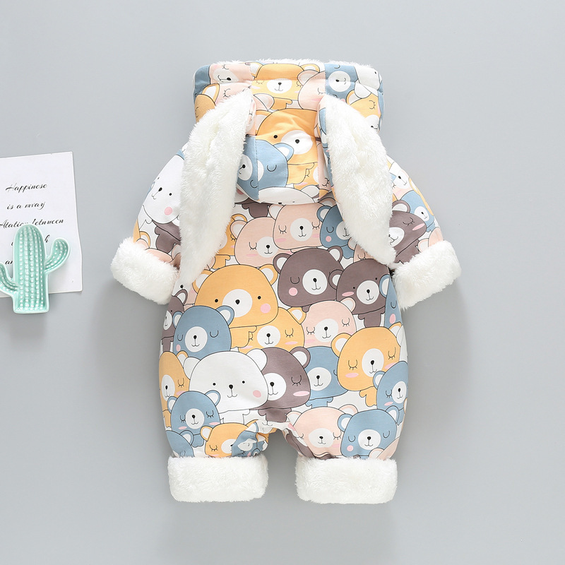 Baby Boy/Girl Winter Cartoon Allover Thicken Fuzzy Hooded Long Sleeve Romper-kissminis