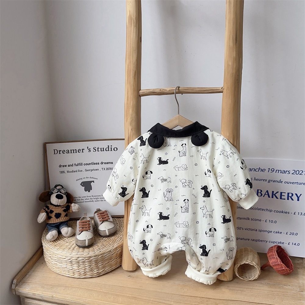 Black Collar and Dog Print Pocket Detail Romper