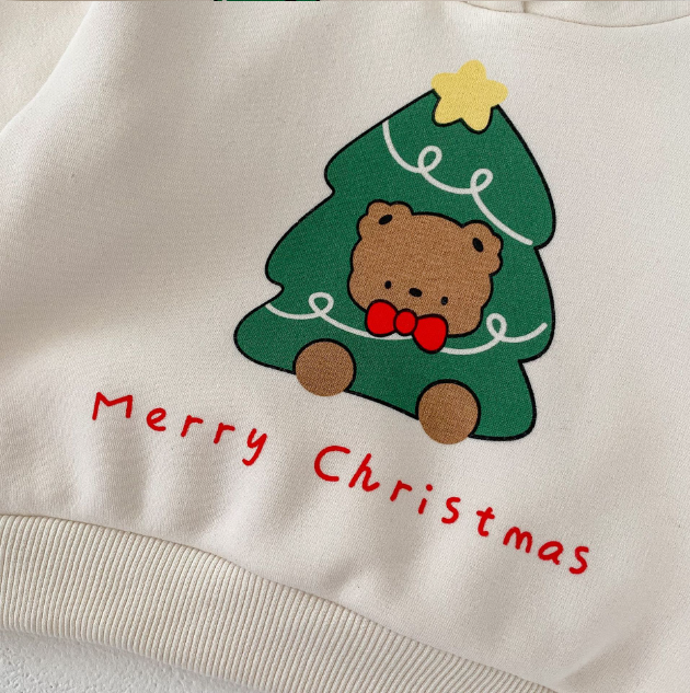 Bayby Toddler Girl Christmas Tree with Bear Print Long Sleeve Hooded Sweatshirt and Plaid Skirt-kissminis