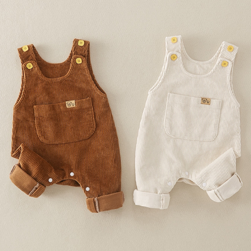 Baby Boy/Girl Solid Color Corduroy Sleeveless Overalls Romper-kissminis