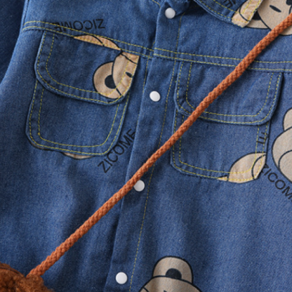 Baby Boy/Girl Allover Bear Print Polo Collar Long Sleeve Denim Fashion Romper
