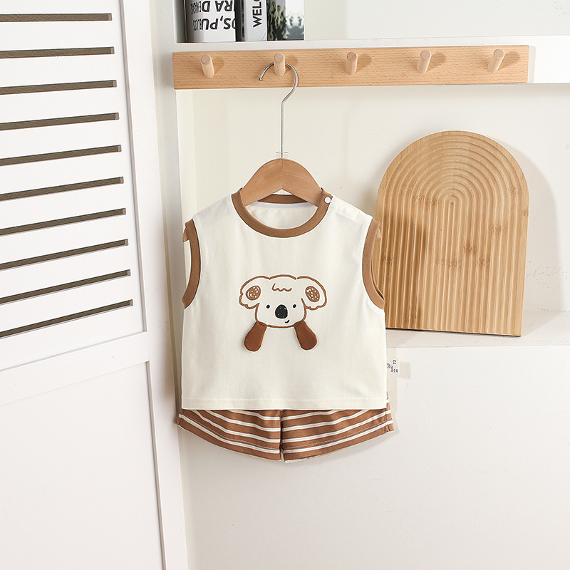 Sleeveless White Top with Koala Print and Brown Striped Shorts Set