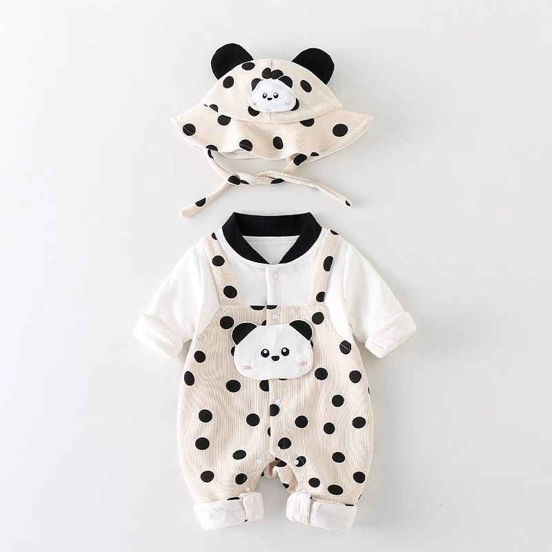 2pcs Baby Boy/Girl Cartoon Panda Dot Print Long Sleeve Romper with Hat Set-kissminis