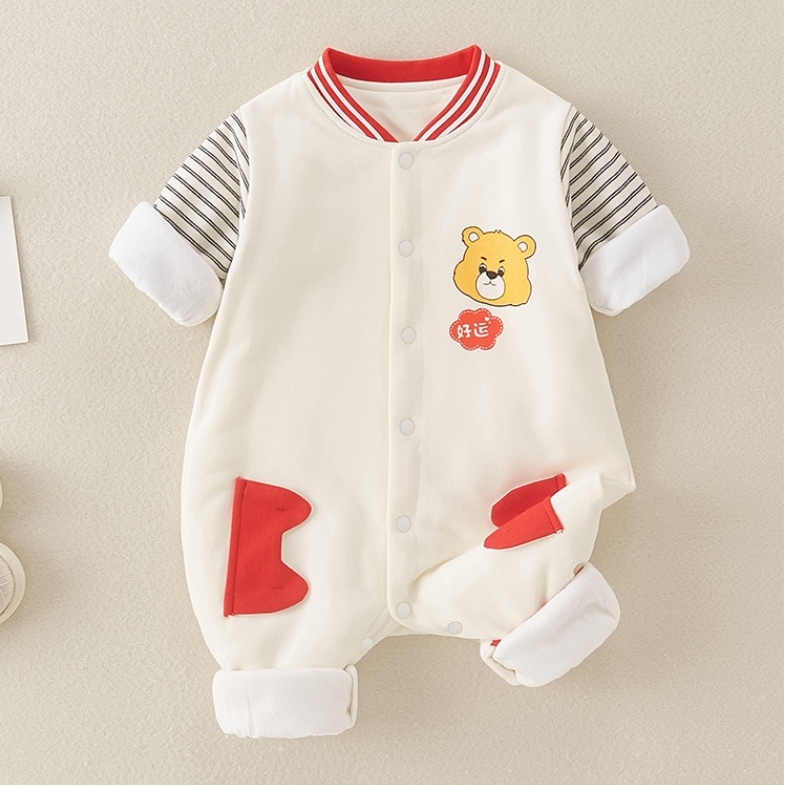 Baby Boy/Girl Bear Print Striped Splicing Long Sleeve Romper-kissminis
