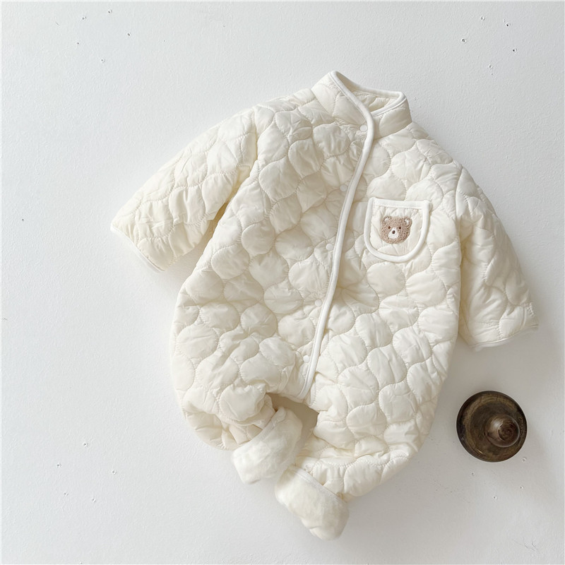 3pcs Baby Boy/Girl Cute Bear Pattern Pocket Solid Color Fluff Long Sleeve Romper with 1 Hat and 1 Scarf-kissminis