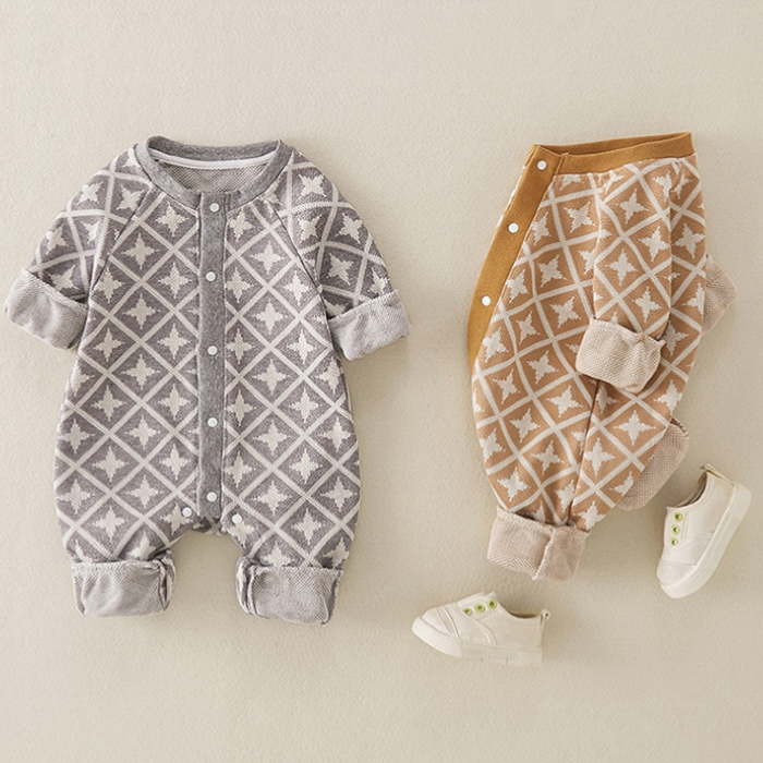 Baby Boy/Girl Diamond-checked Knit Long Sleeve Romper-kissminis