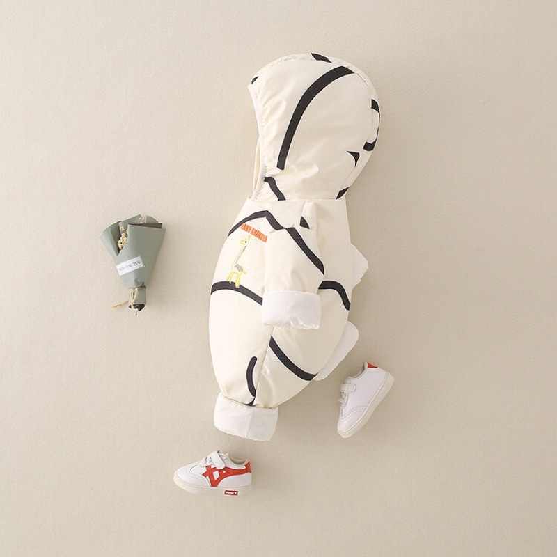 Baby Boy/Girl Winter White Duck Down Striped Giraffe Pattern Hooded Romper-kissminis