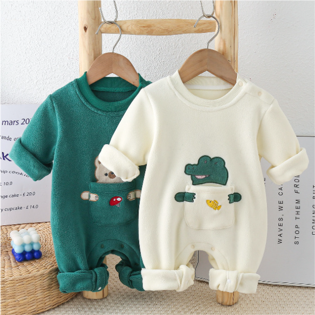 Baby Boy/Girl Cute Animals Pocket Design Single Breasted Long Sleeve Romper-kissminis